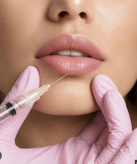 Close-up of a lip filler treatment with a syringe and gloved hands
