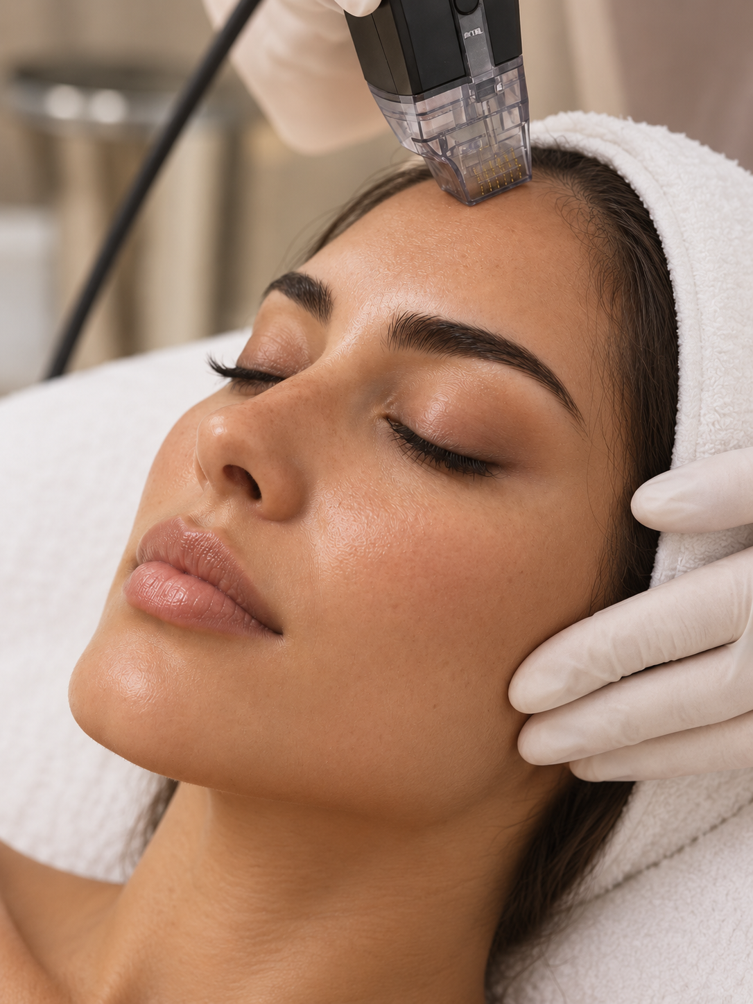 Illustration of our brunette model receiving a microneedling treatment on her forehead