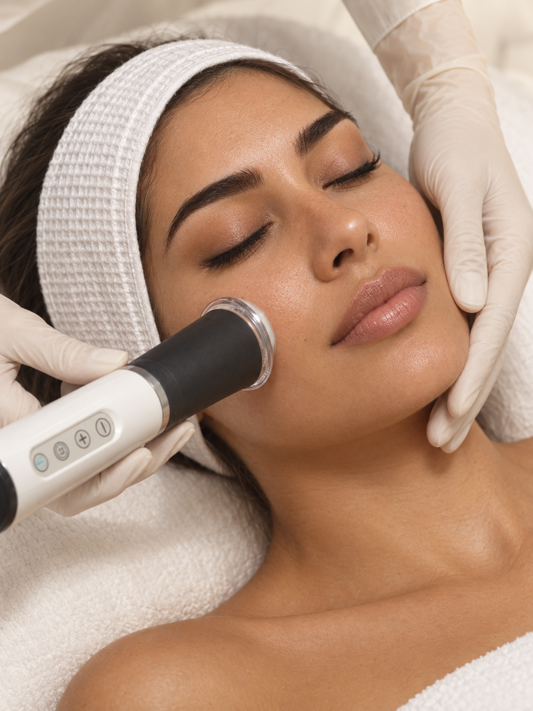 Illustration of a brunette model receiving an Oxygeneo facial with a circular applicator