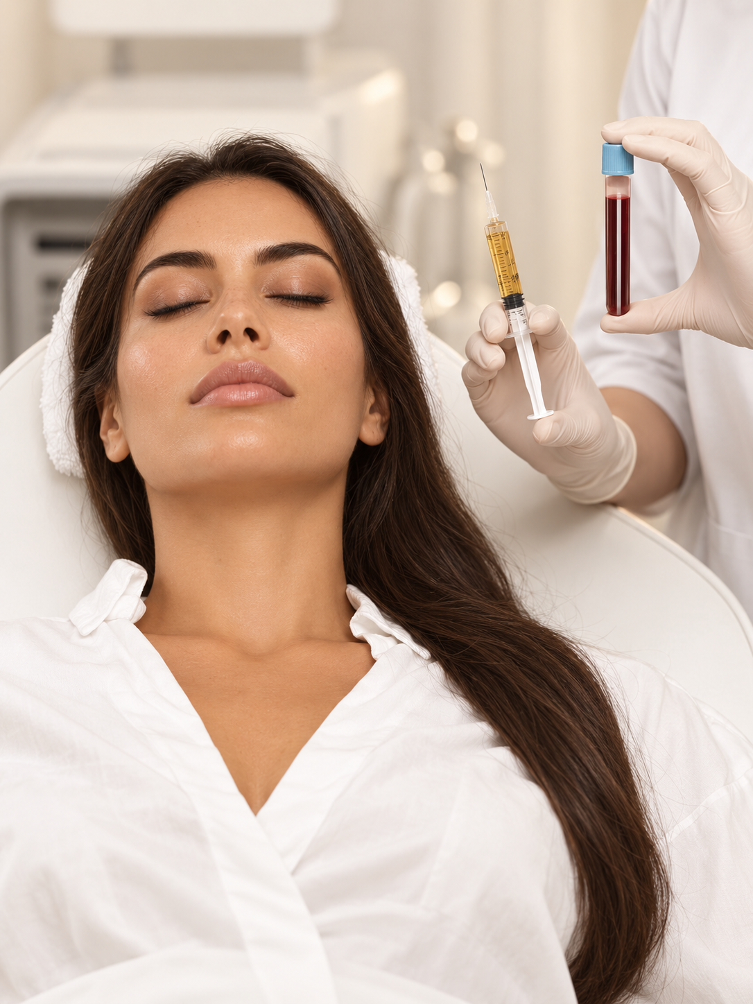 Illustration of our brunette model reclining for PRP treatment beside a clinician holding a plasma syringe and capped sample tube