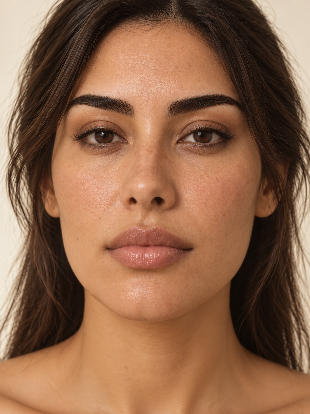 AI illustration of the same model with visible pores and fine lines