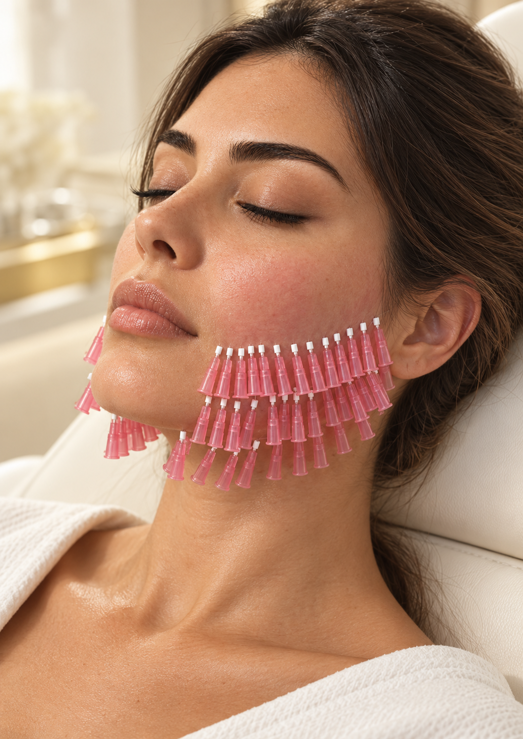 AI illustration of the brunette model reclining during a facial thread treatment